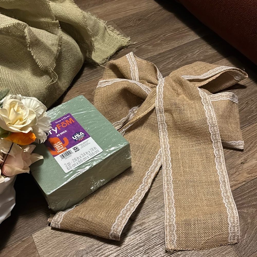 Wedding stuff extra bag is fliers, foam, burlap bow, and a big thing of burlap